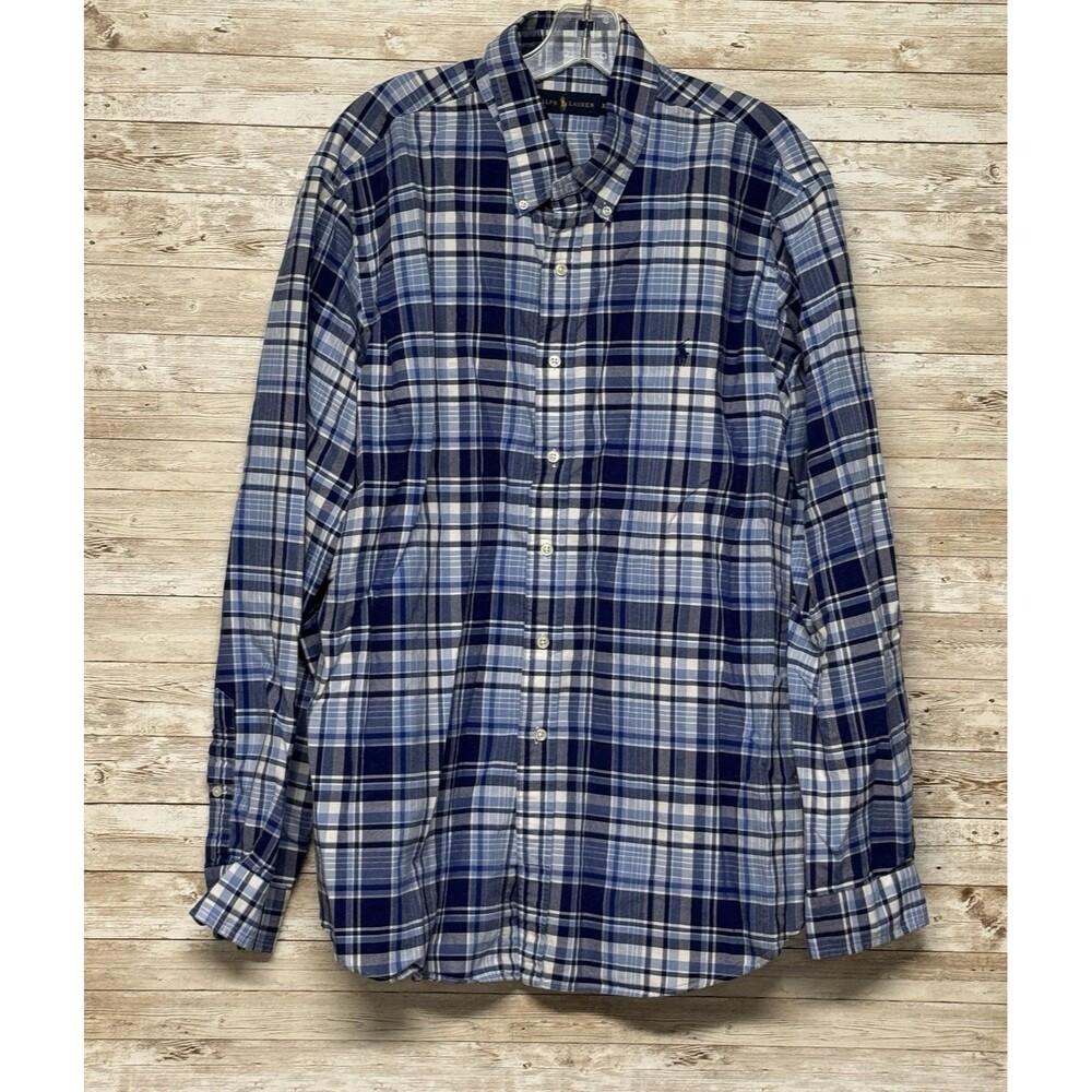 Ralph Lauren Shirt Mens XXL Blue White Plaid Long Sleeve Button Down